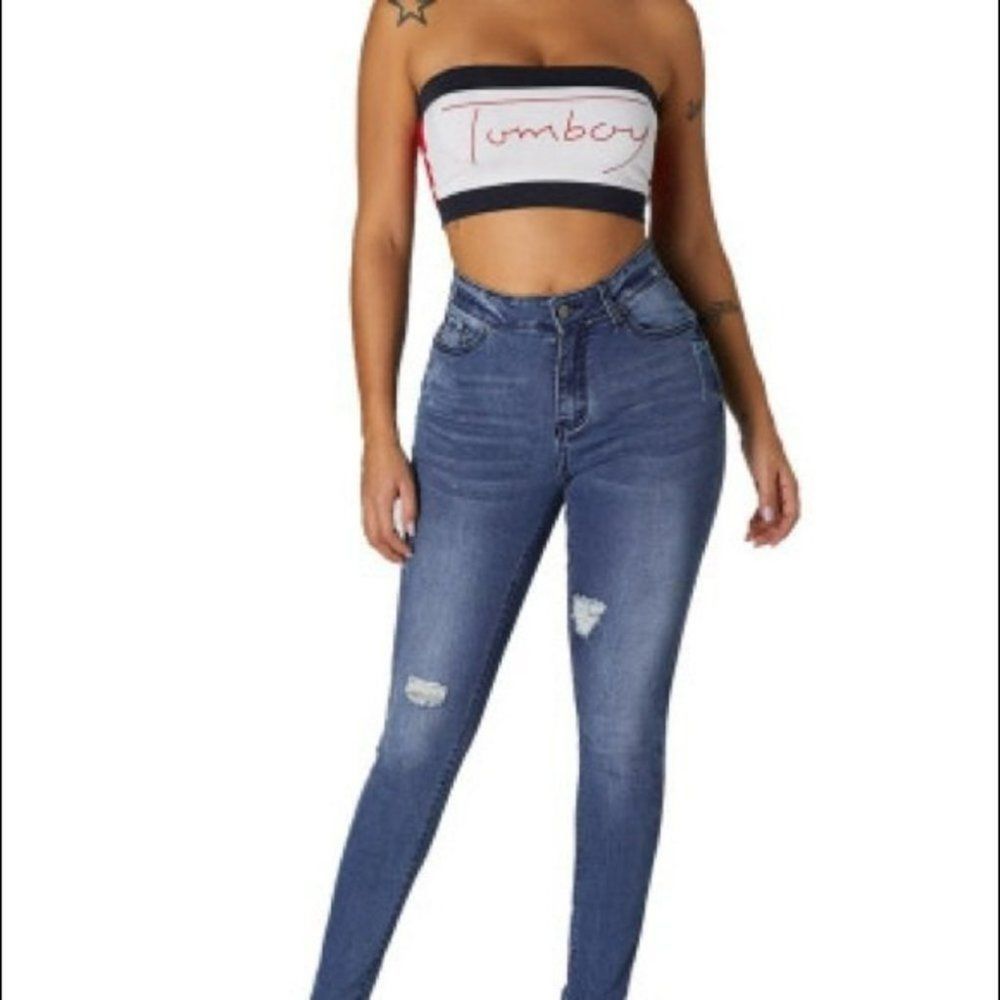 Blue Medium Wash Ripped Distressed Stretch Skinny Jeans sz Small